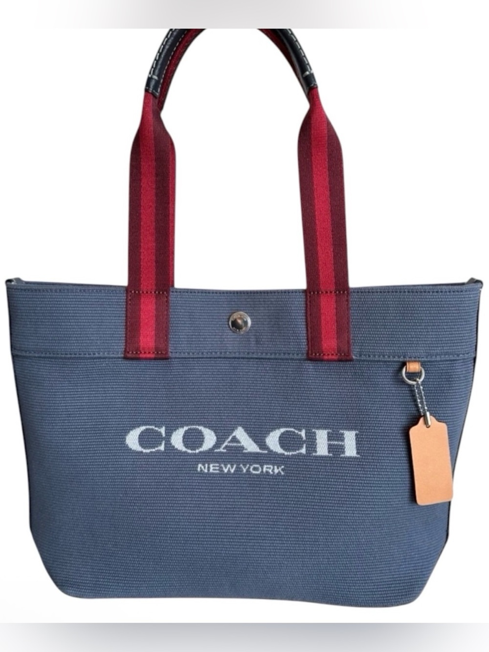 Coach Navy Canvas Tote with Red Striped Handles